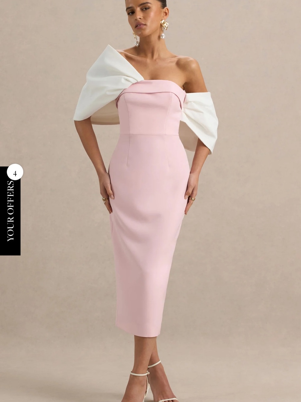 Club L London Blush Pink One-Shoulder Midi Dress with White Statement Sleeve